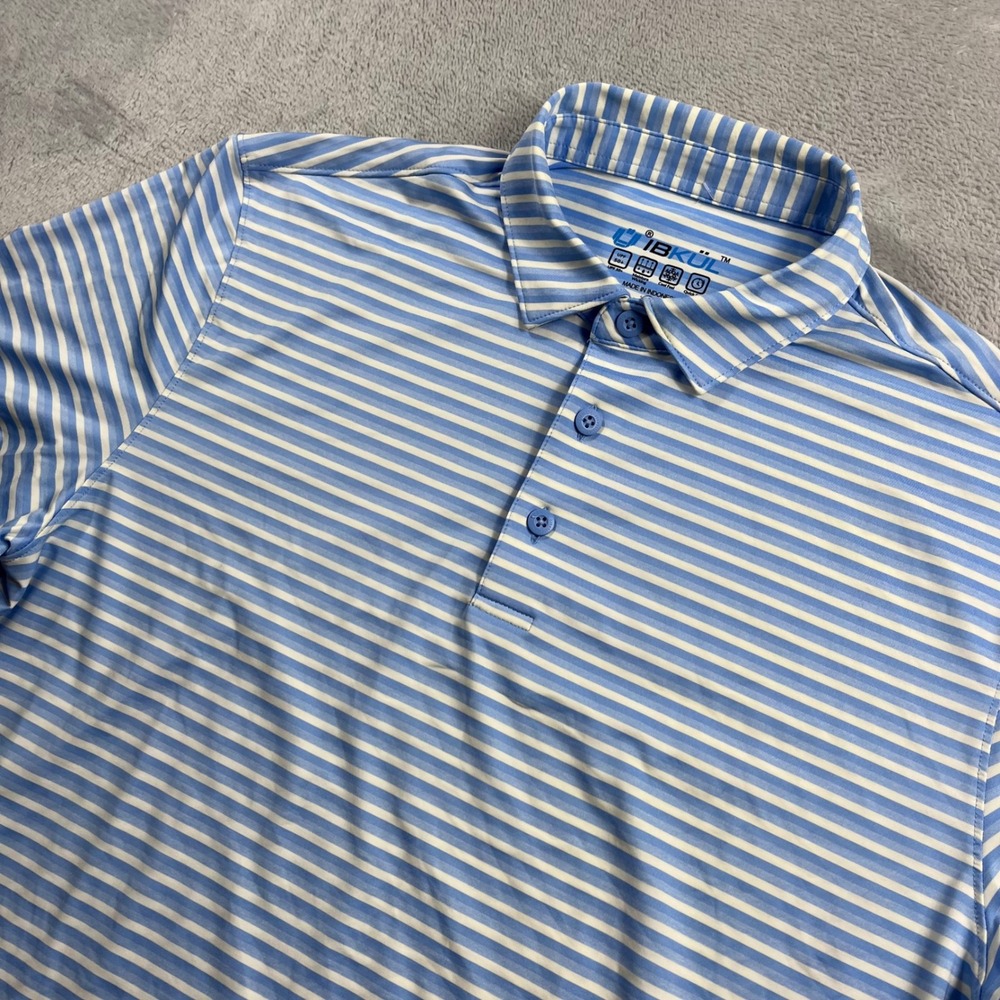 IBKUL Mens Blue‎ White Striped Short Sleeve Polo Shirt UPF 50+ Performance Large